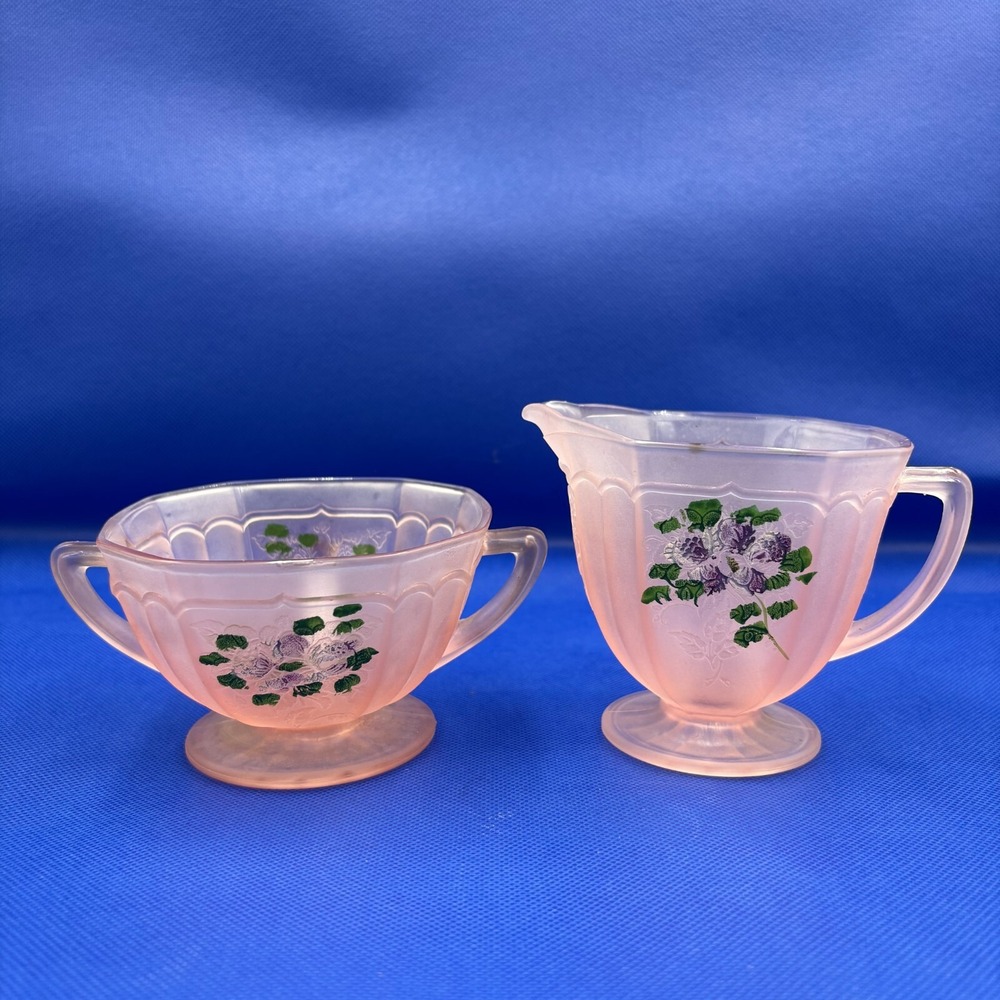 Vintage, 1930's Frosted‎ Pink Floral Creamer and Sugar Bowl
